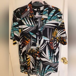 Vans Men's Tropical Leaf Print Shirt - Black, Teal, and Orange